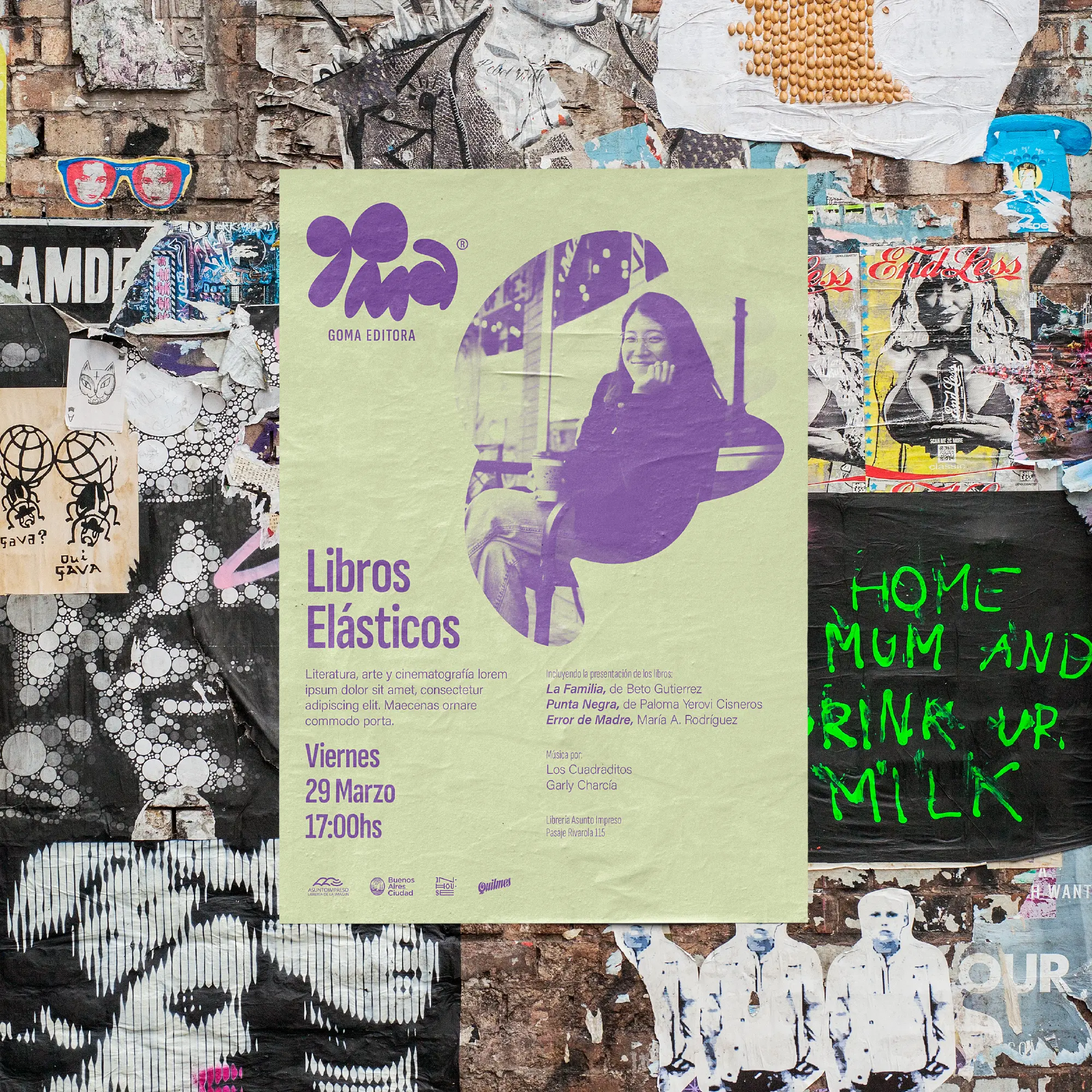 Goma Libros Elasticos event poster with purple illustration on a collage wall.