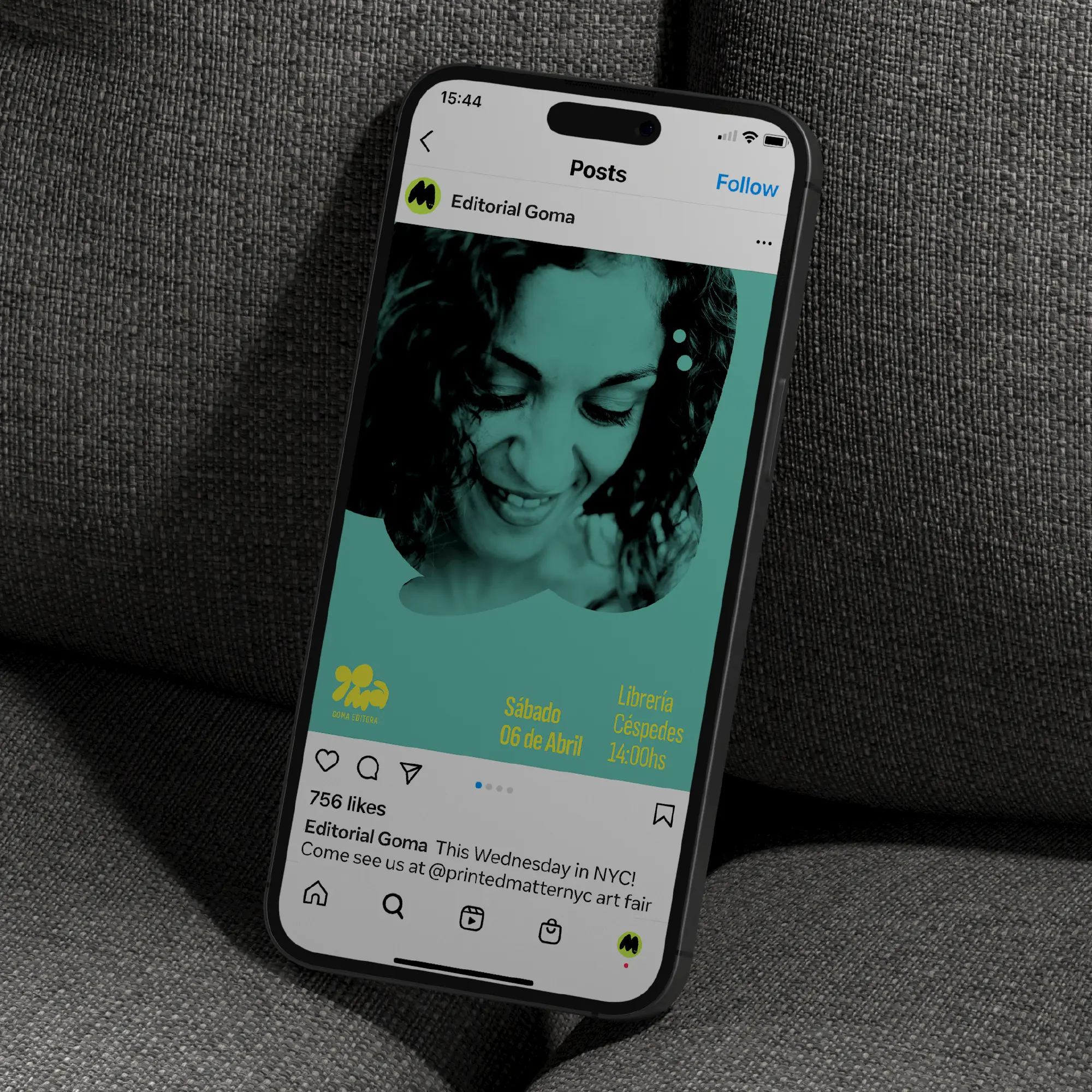 Phone mockup showing a Goma social media post with portrait photography.