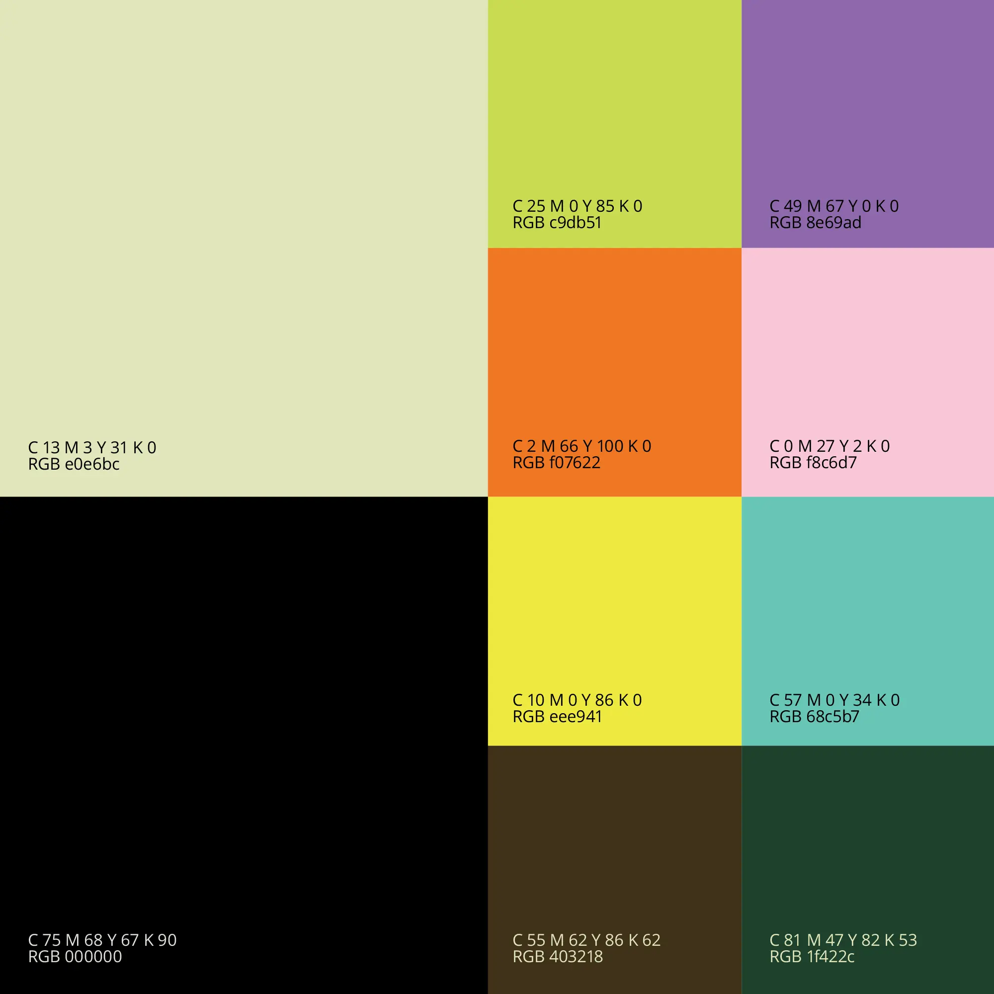 Goma brand color palette with bright yellow, pink, purple, teal, green, and black swatches.
