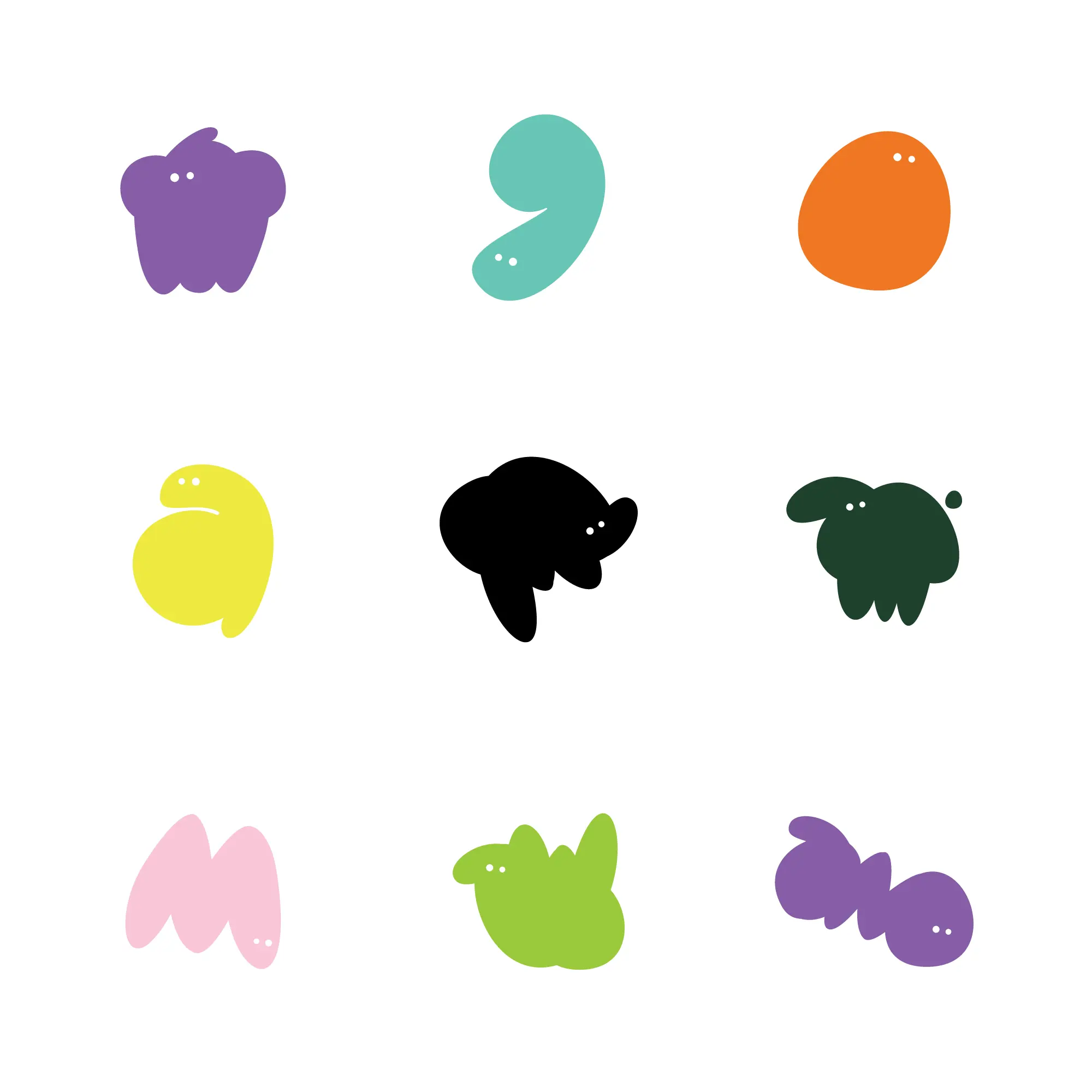 Colorful abstract Goma character shapes arranged on a white background.