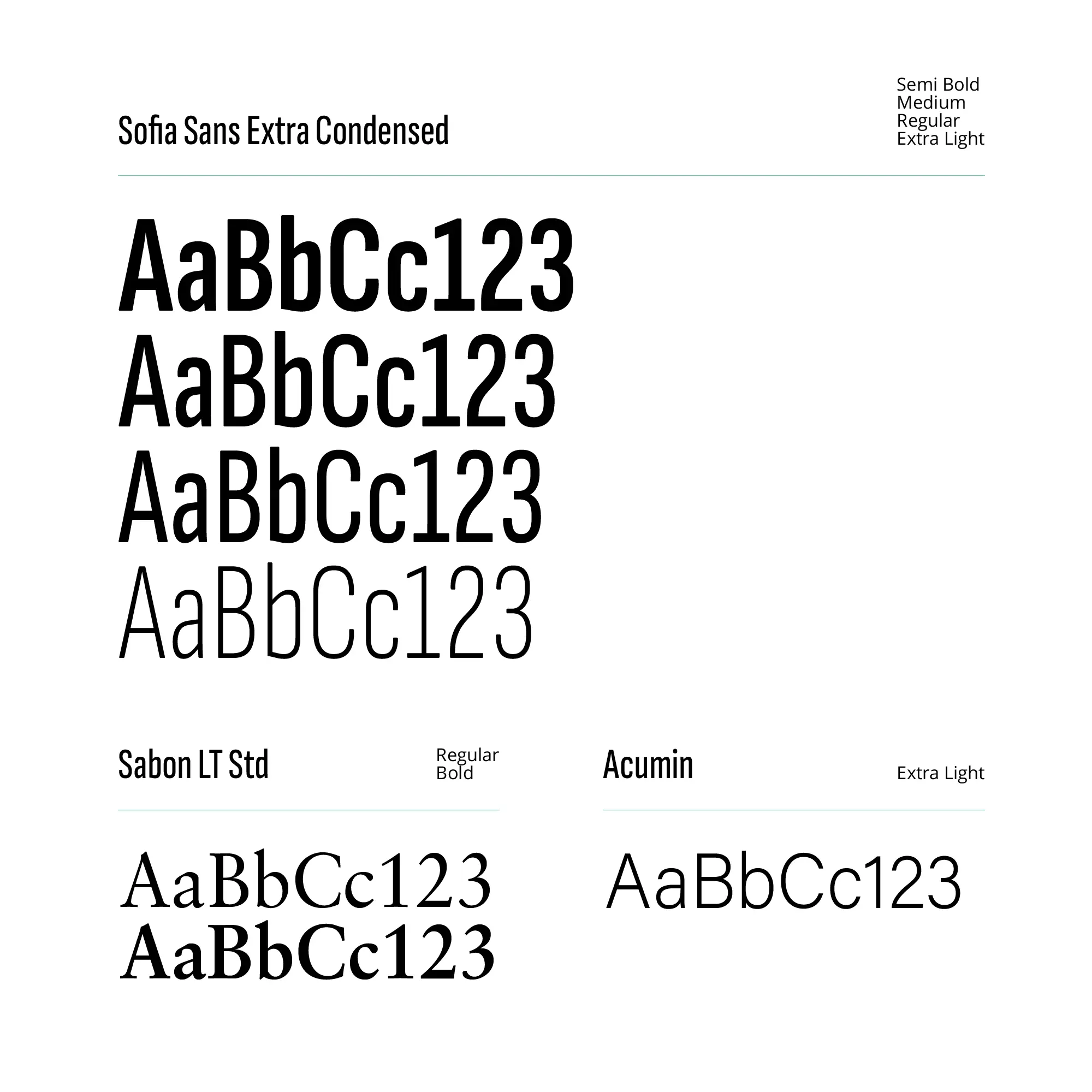 Goma typography specimens showing condensed sans serif and serif typefaces.