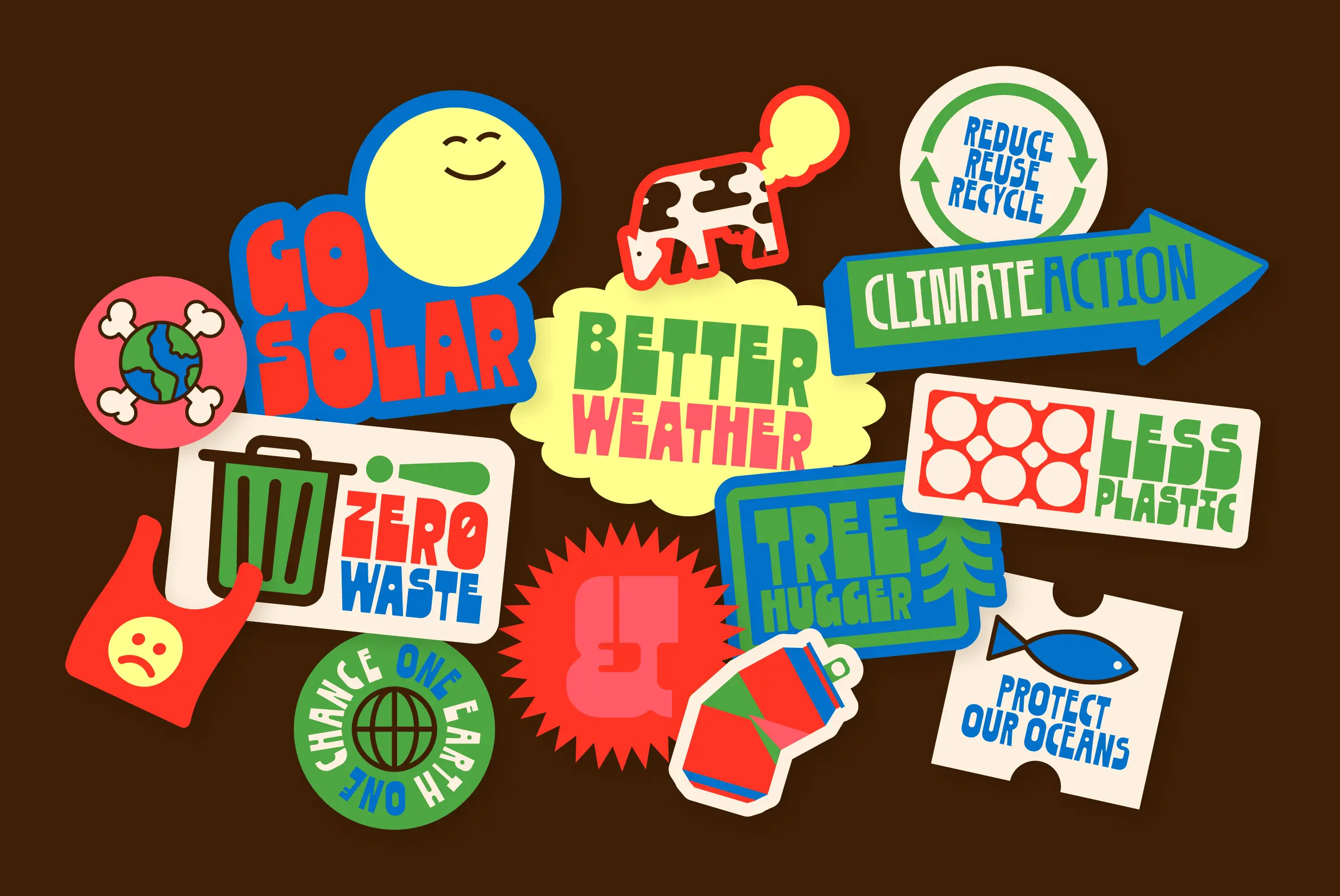Zanco climate campaign sticker sheet with colorful slogans and icons.