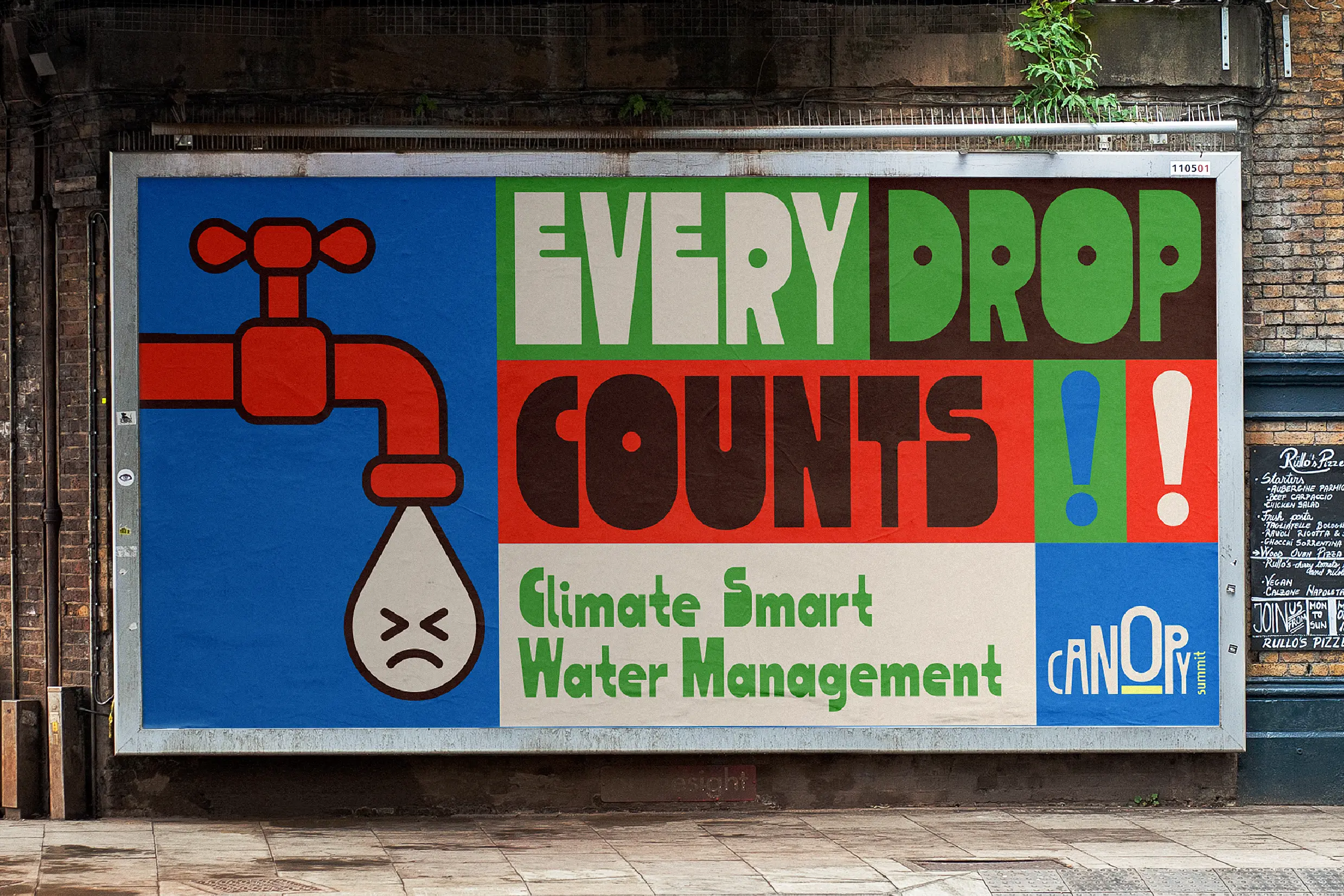Wide billboard reading Every Drop Counts for a climate-smart water message.