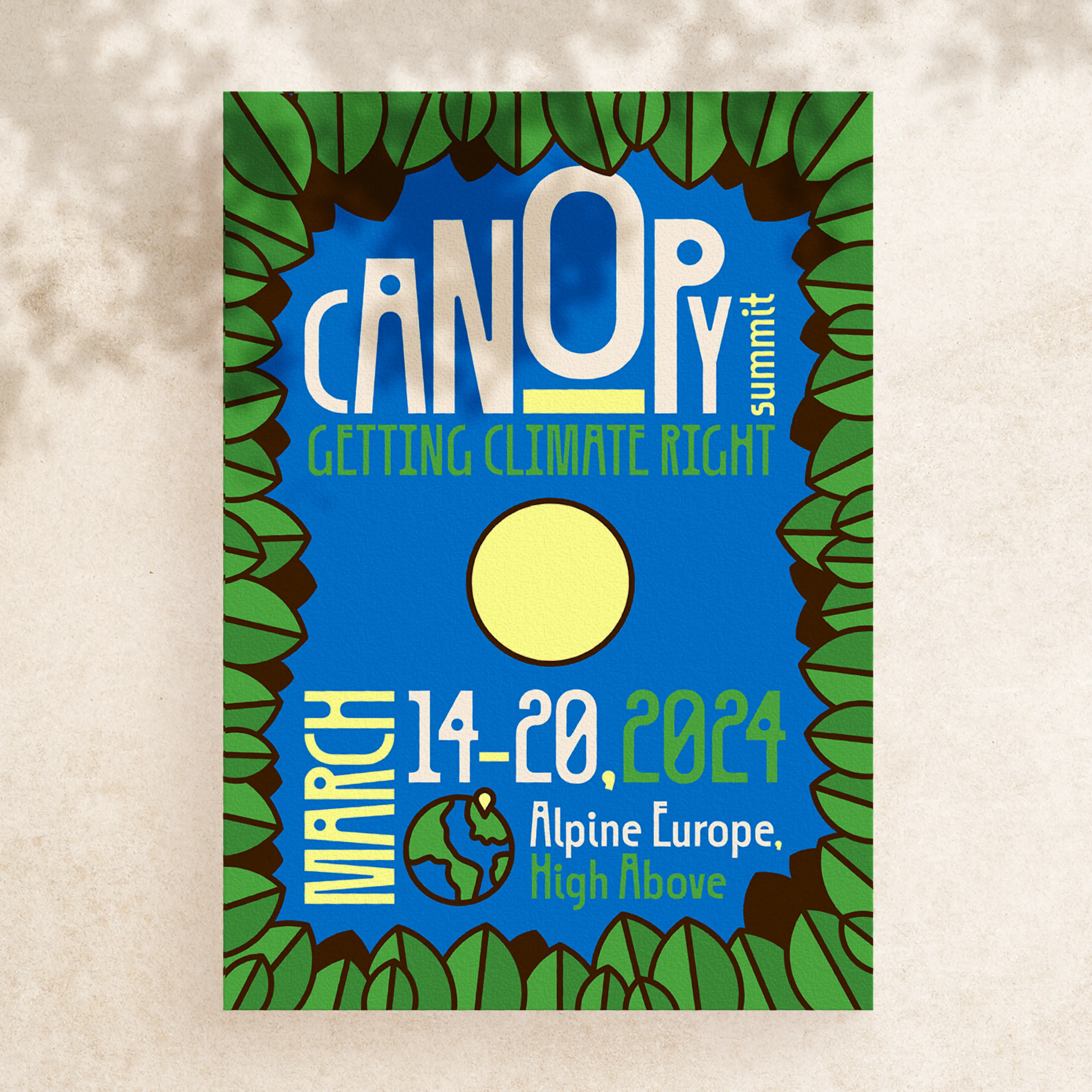 Canopy climate event poster with Zanco lettering and illustrated leaves.