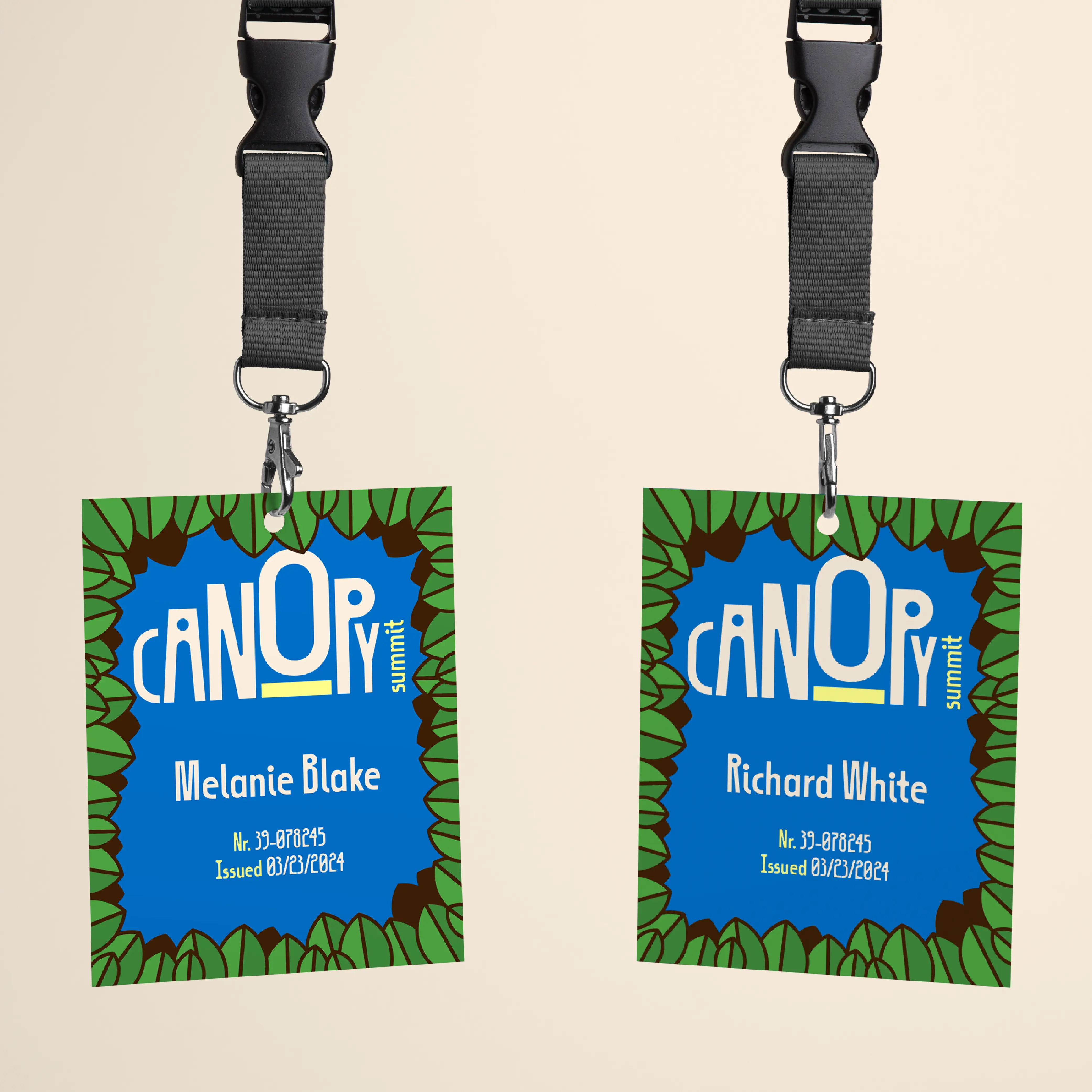 Canopy event lanyard badges using Zanco typography.