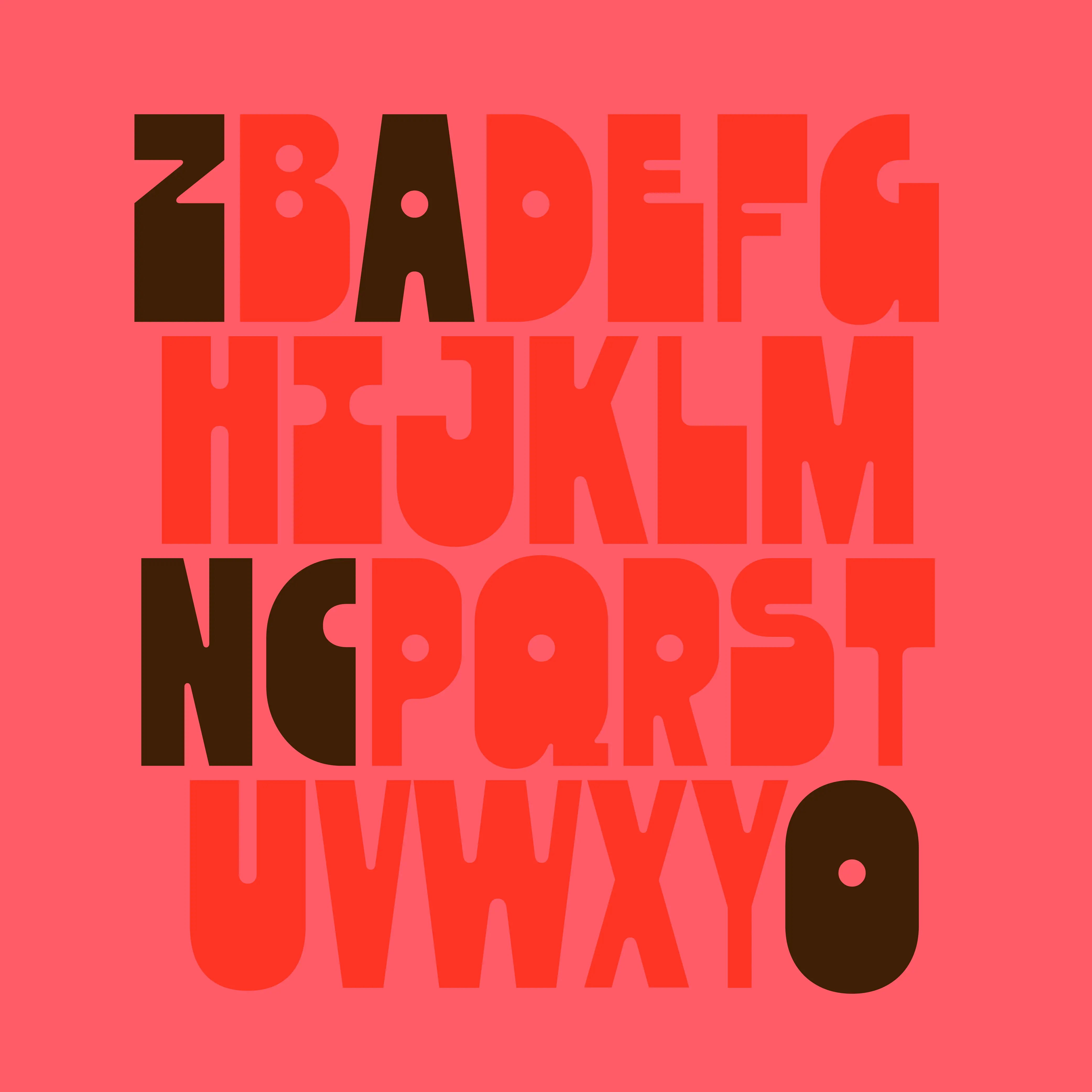 Zanco alphabet specimen with tall display capitals on a pink background.