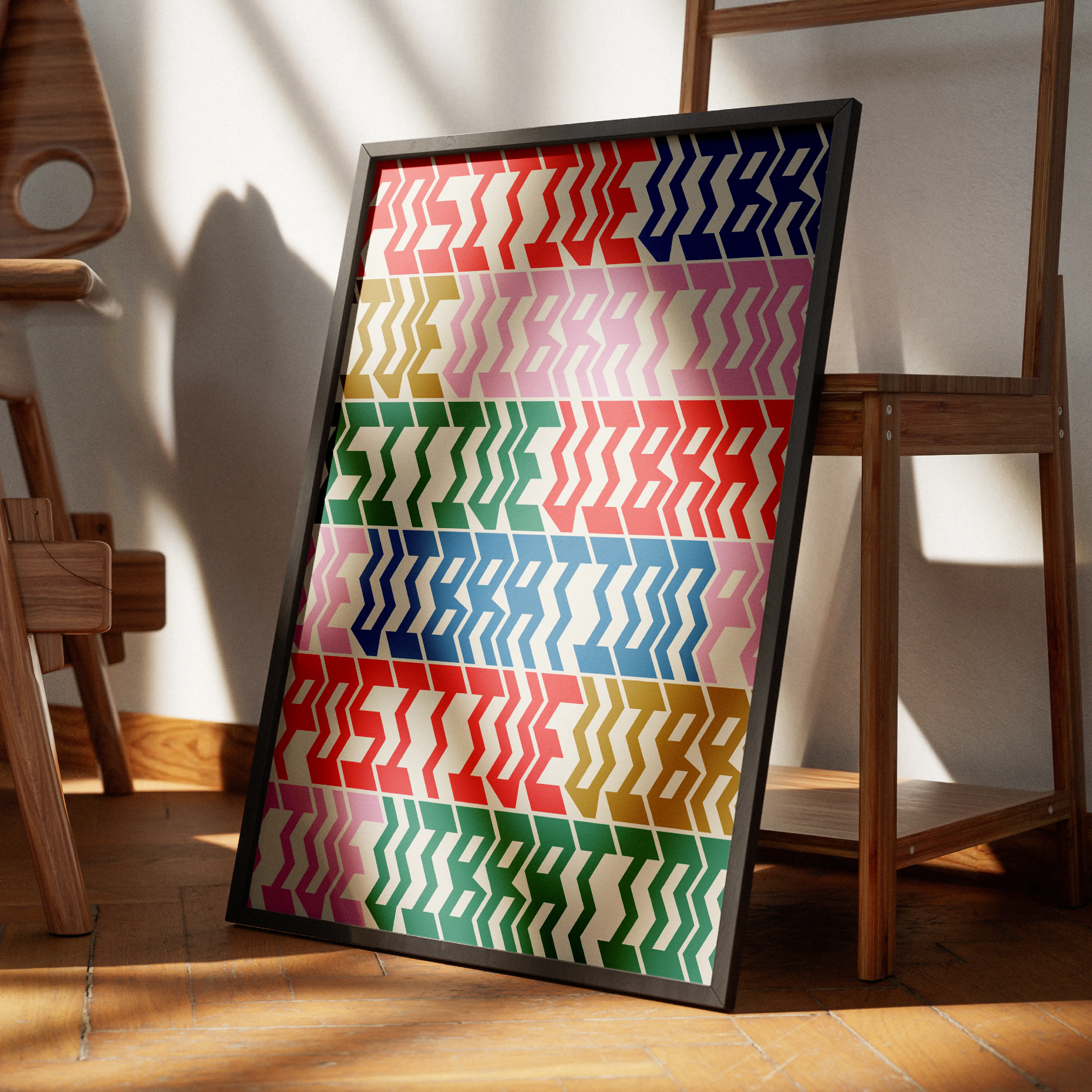 Framed Brinca poster with rows of zigzag letterforms.
