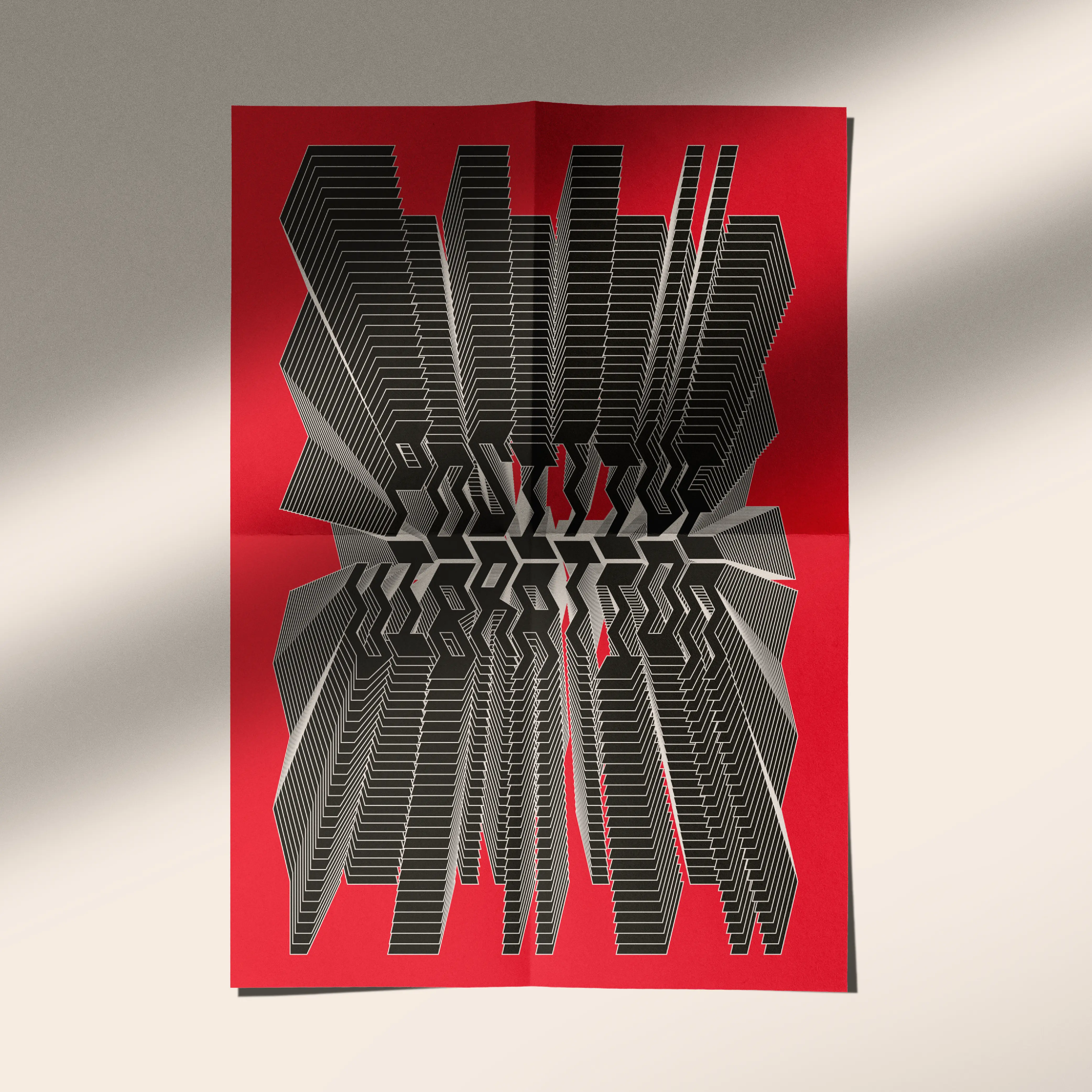 Red poster with black chairs and Brinca zigzag lettering.