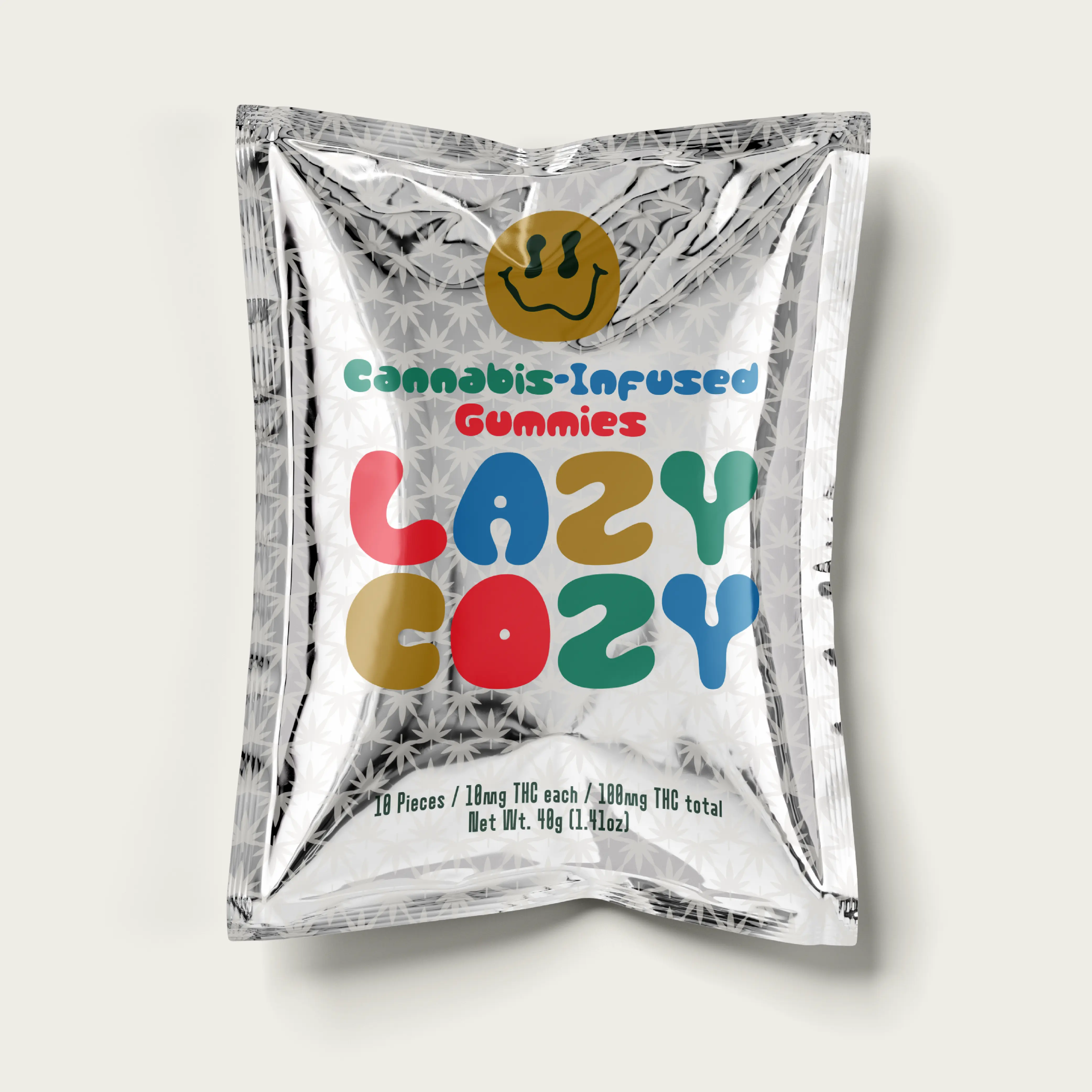 Silver snack bag with Brinca lettering and colorful type.