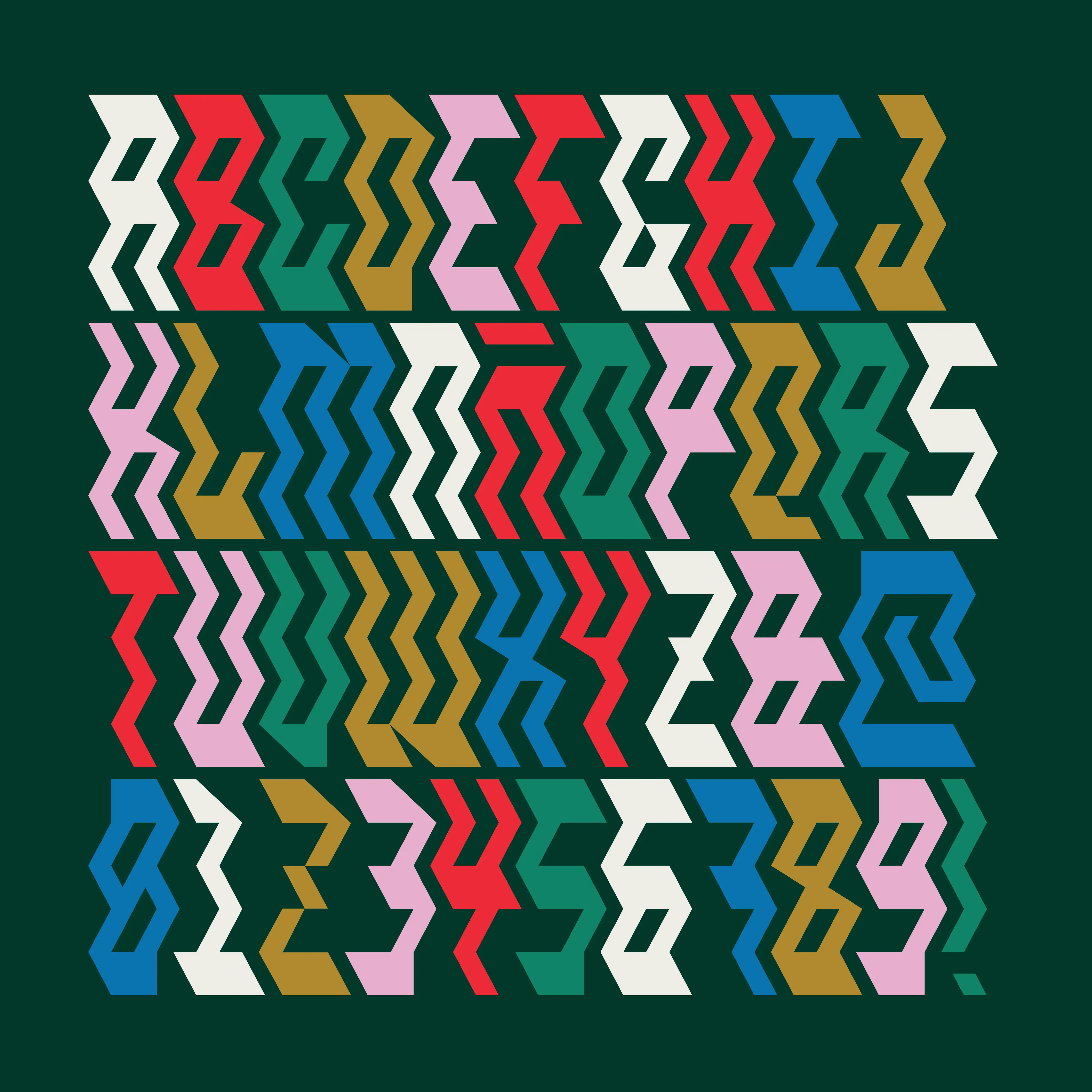 Brinca zigzag glyph specimen in multicolor rows.