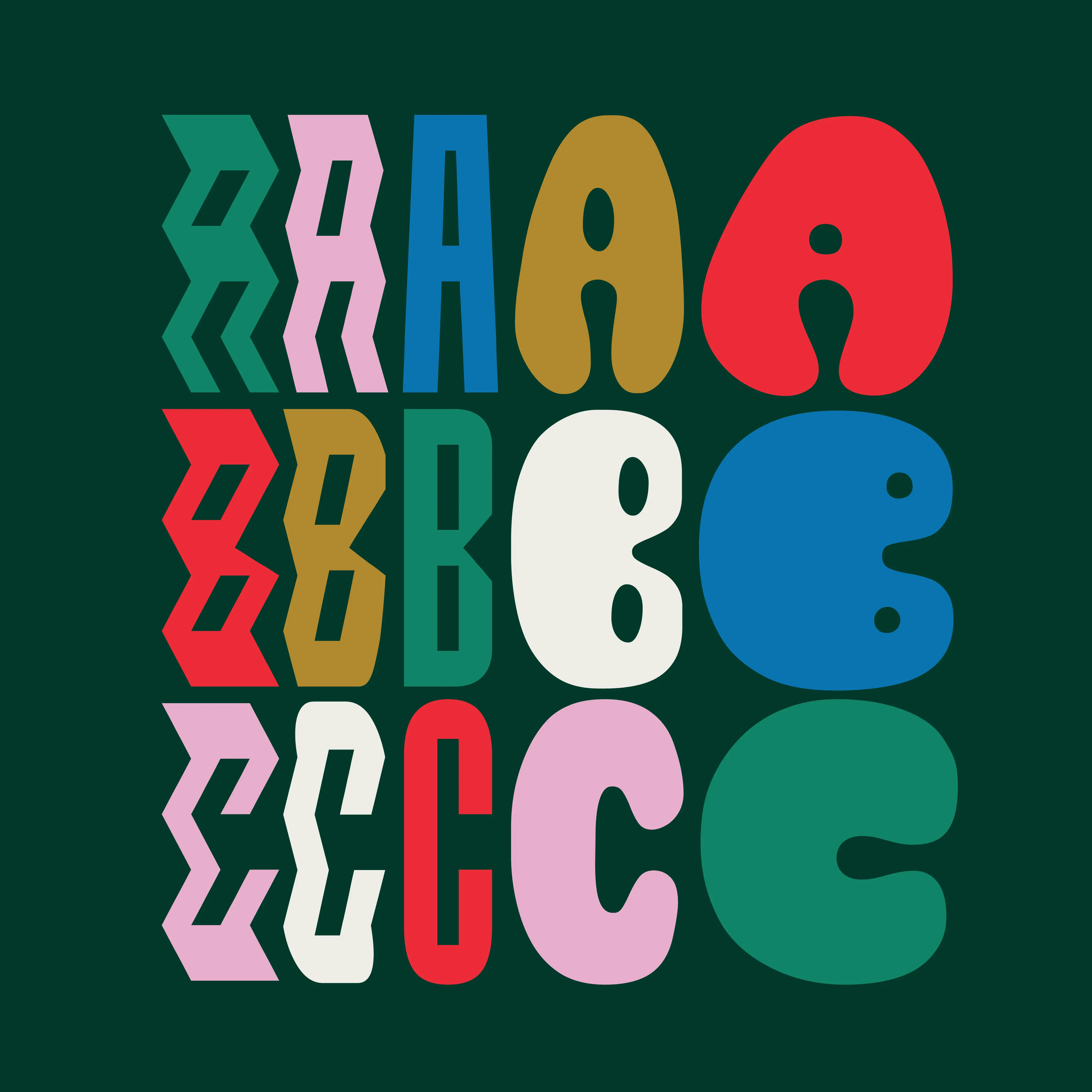 Brinca specimen showing A, B, and C in multiple variable styles.